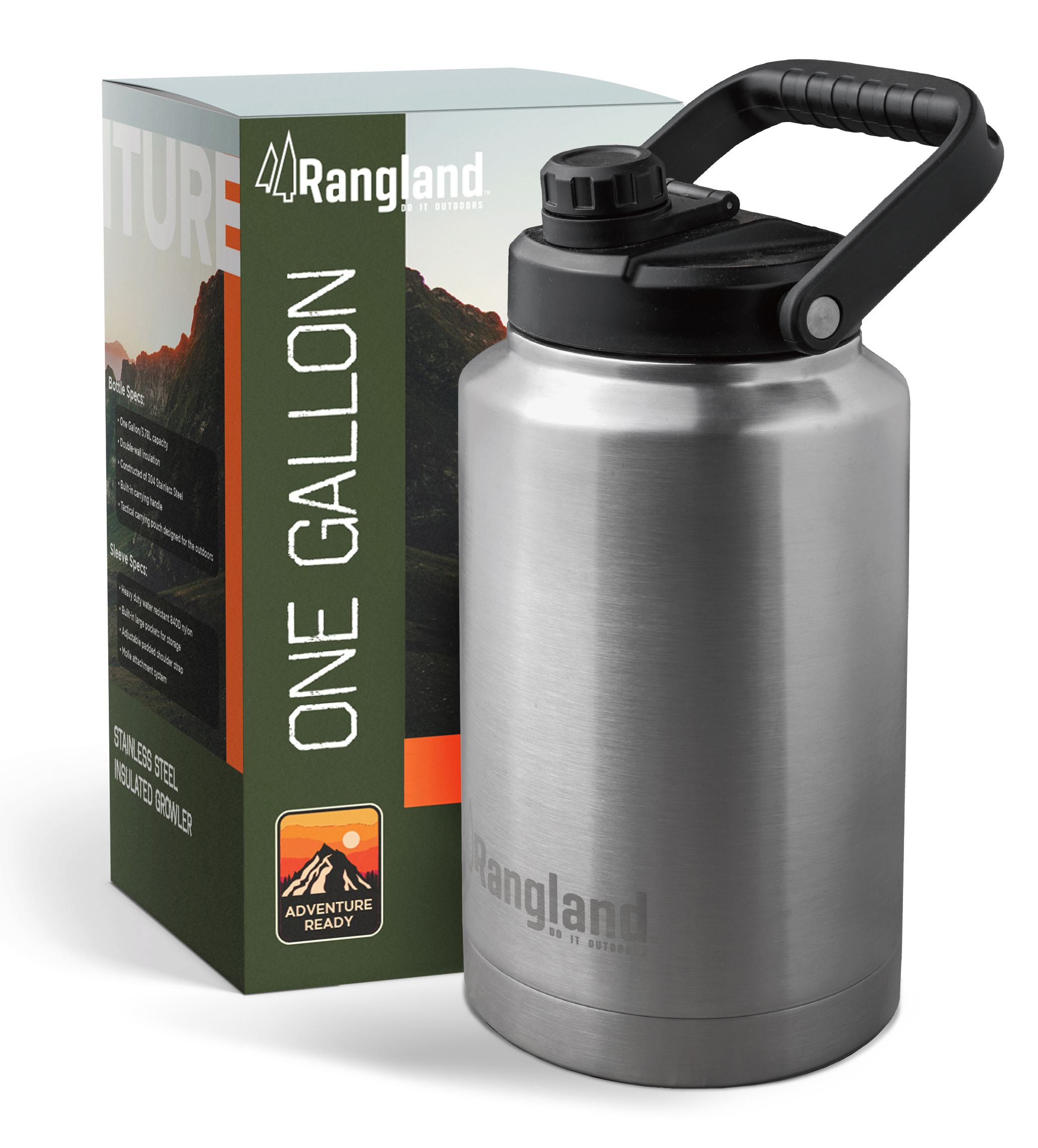 Rangland 1 Gallon Water Bottle with Insulated Storage Sleeve, 128 oz Stainless Steel Growler for Hot/Cold Drinks for Sports and Outdoors, Gray