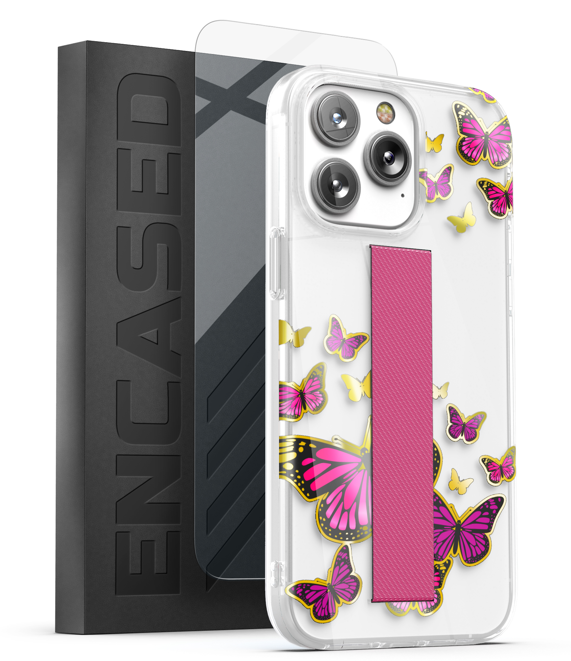 Encased Bando Series Designed for iPhone 14 Pro Max Case with Hand Strap Loop and Screen Protector (Clear/Pink Butterfly)