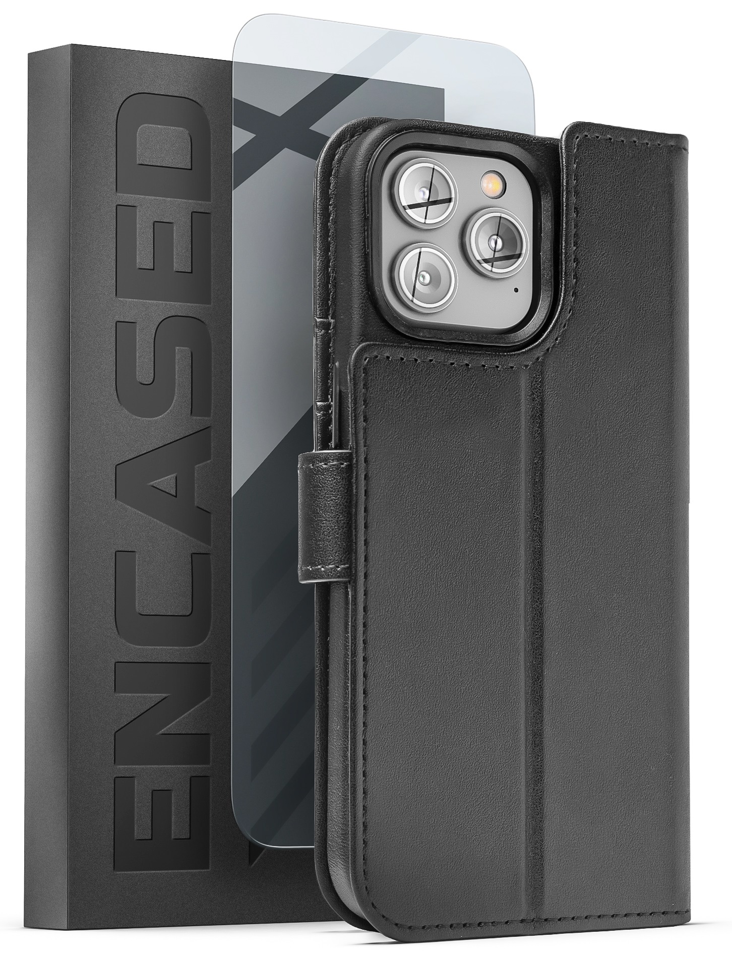 Encased Mag Folio Wallet for iPhone 14 Pro Case, Removable Card Holder and Screen Protector, Black Leather (Compatible with MagSafe)