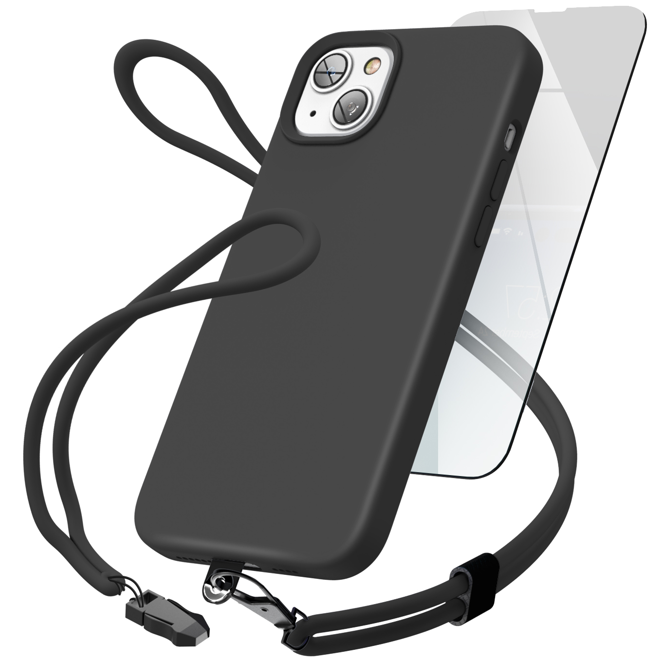 iPhone 14 Plus Silicone Case in Black with Neck and Wrist Strap - Encased