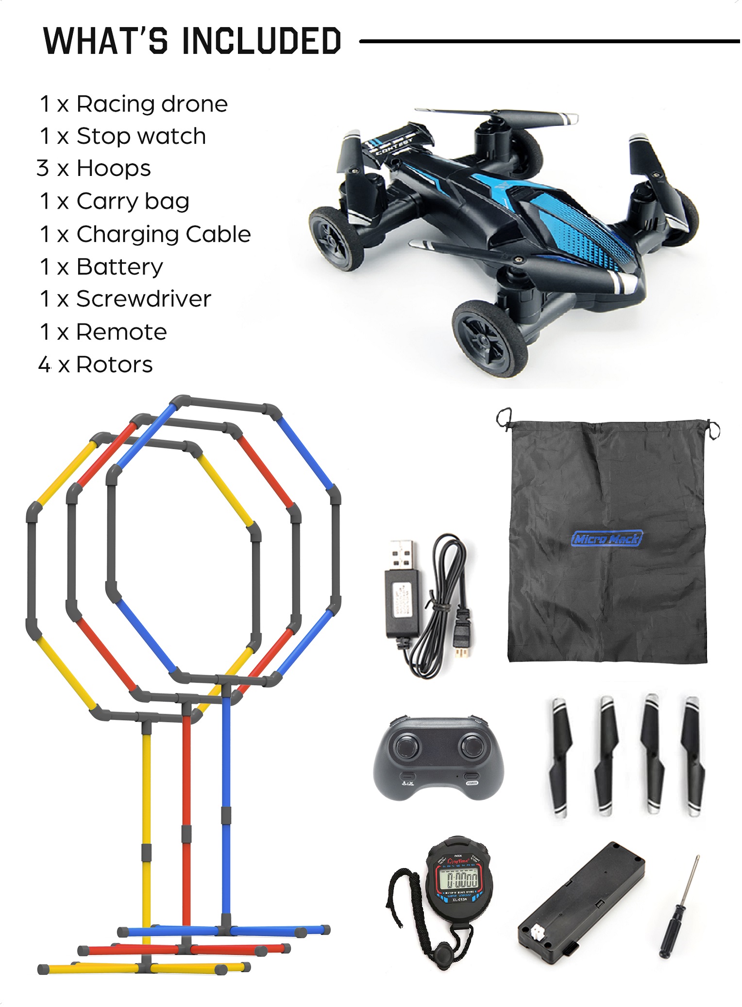 Micro Mack Racing RC Drone & Obstacle Course Kit, Includes 3 Hoop Sizes &  Stopwatch for Competition Game Set Gift for Kids